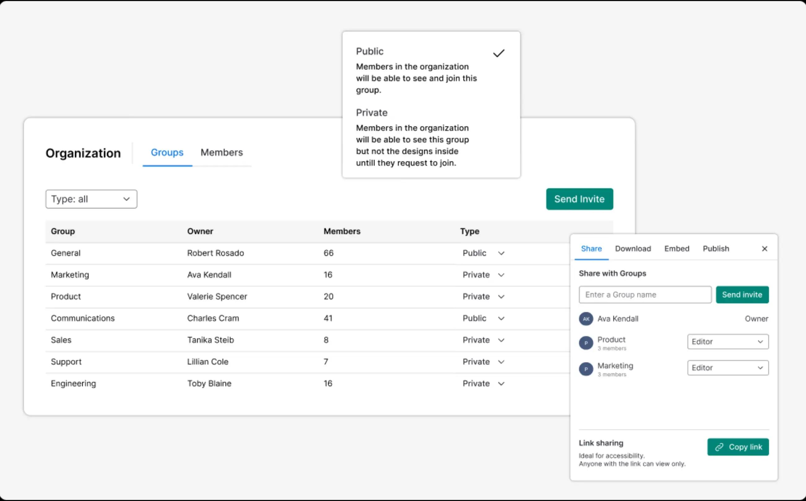 Recursos da visualização Workspace Admin da Venngage, incluindo controle sobre a privacidade do grupo, compartilhamento de designs com grupos e adição de membros.